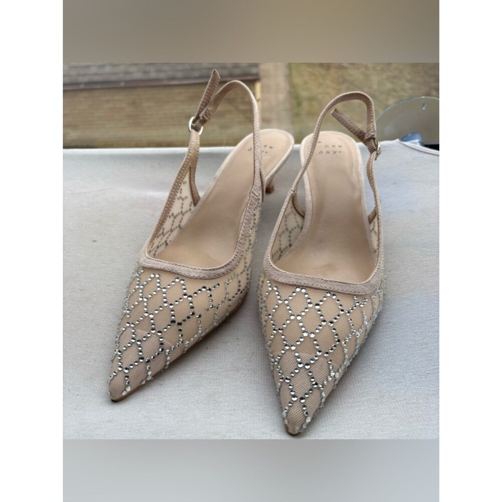 a new day Nude Mesh Slingback Kitten Heels with Rhinestone Lattice